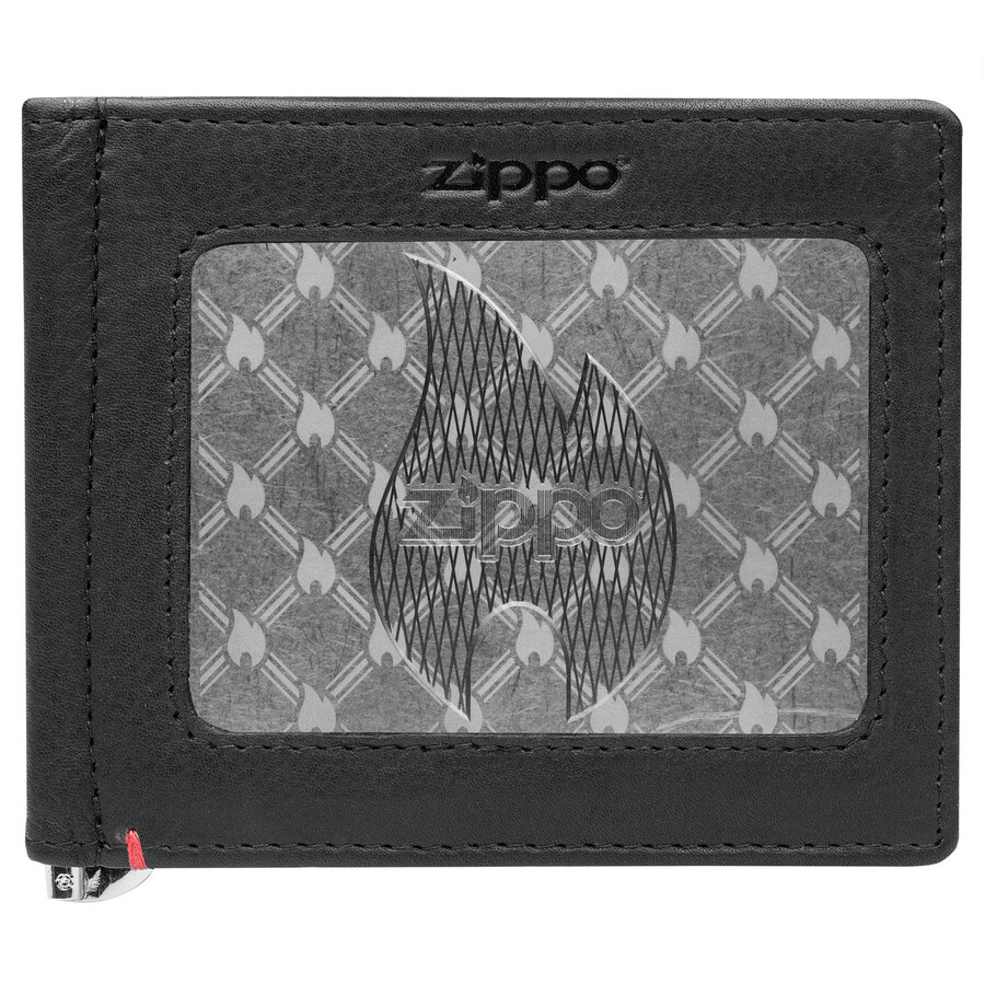 cartera de cuero negra con diseño de placa metálica de llama zippo