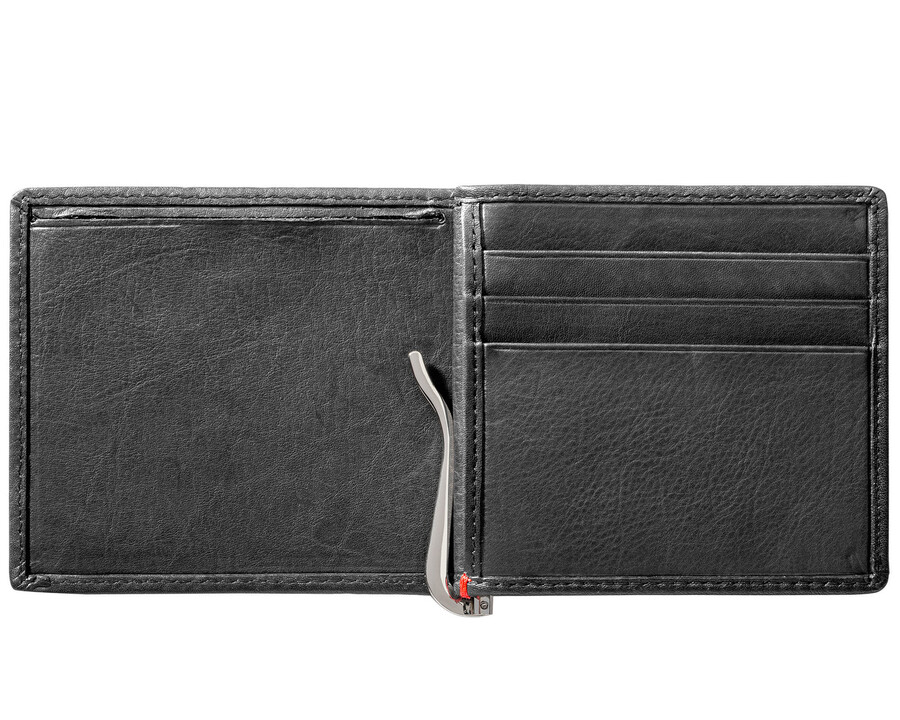 cartera de cuero negra con diseño de placa metálica de llama zippo