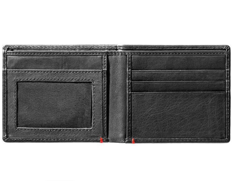 cartera de cuero negra con diseño de placa metálica de llama zippo
