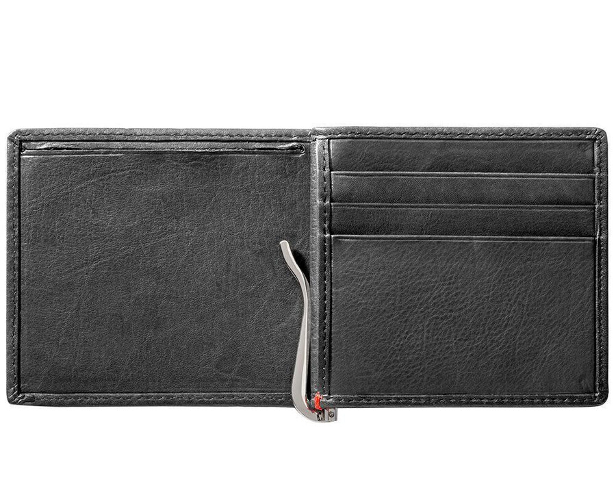 cartera de cuero negra con diseño de placa metálica de llama zippo
