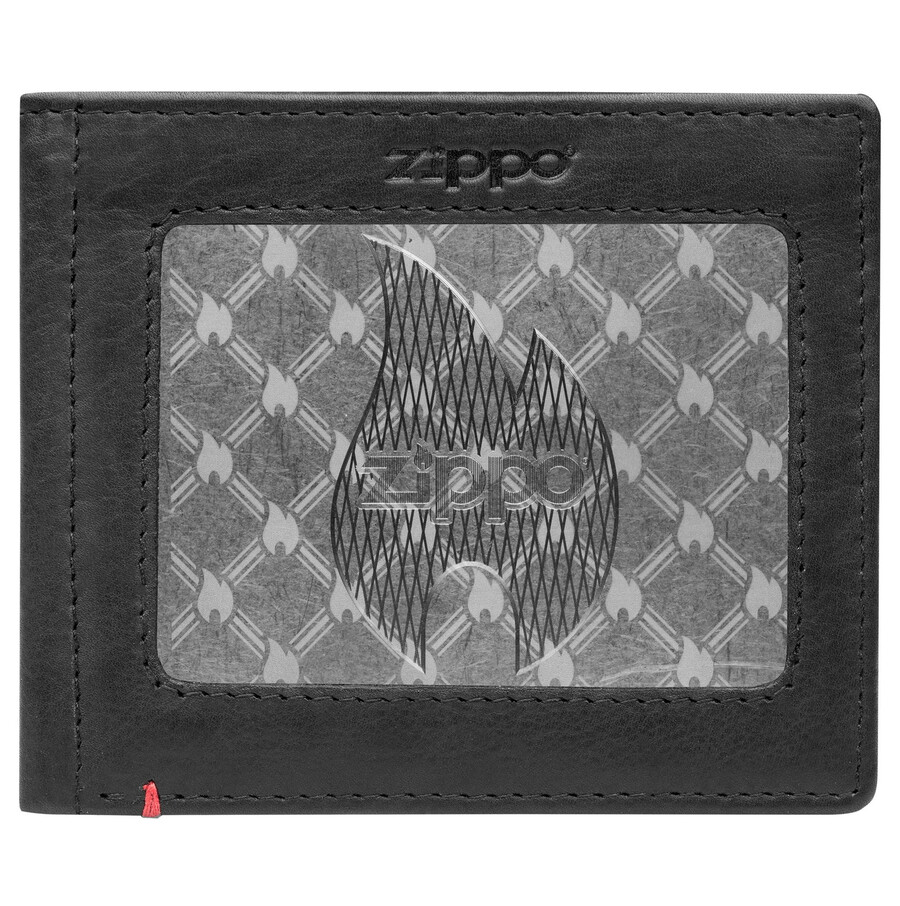 cartera de cuero negra con diseño de placa metálica de llama zippo