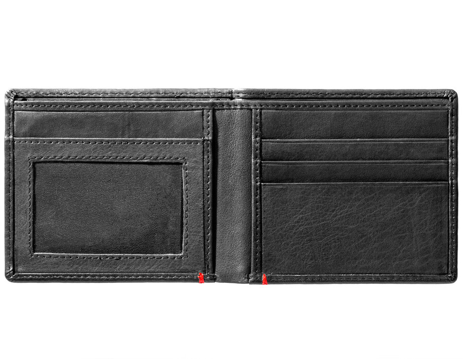 cartera de cuero negra con diseño de placa metálica de llama zippo