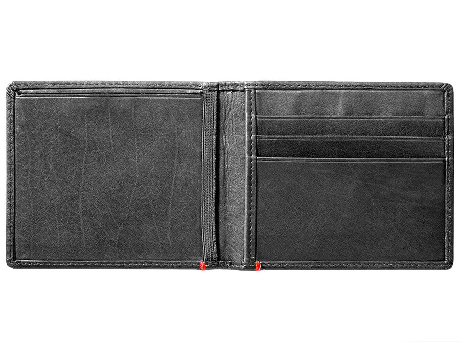 cartera de cuero negra con diseño de placa metálica de llama zippo